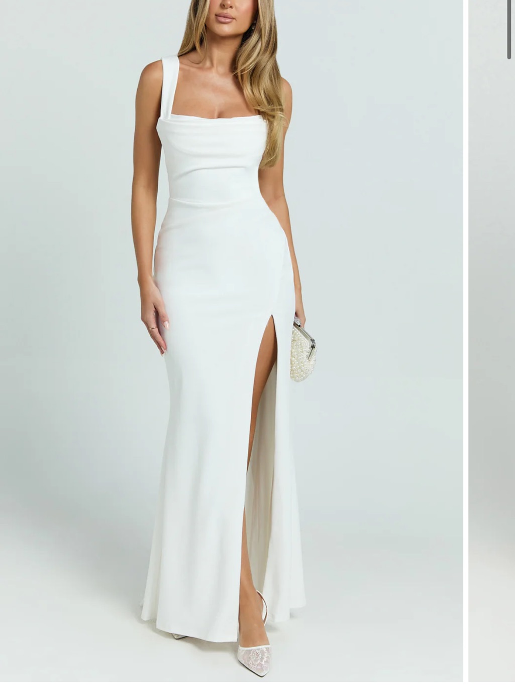 Nwt Showpo Tabitha Maxi Dress Cowl Neck High Split Dress In Ivory Size 10